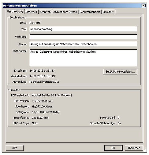 Dokumenteneigenschaften in Adobe Acrobat Pro